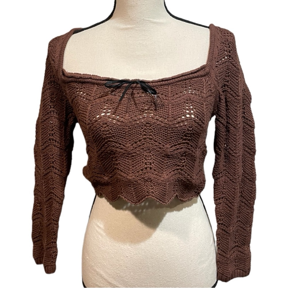 Urban Outfitters Brown Lace Bow Long Sleeve Sweater NWT